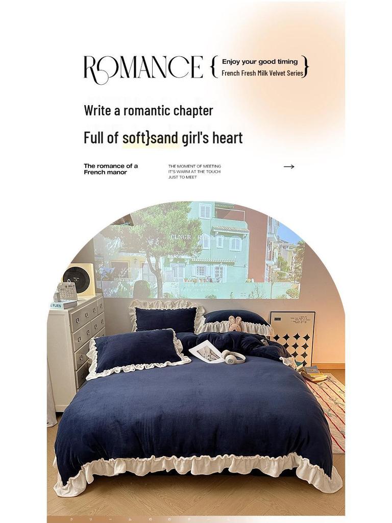 Elegant Princess-Style Velvet & Lace Winter Bedding Set – Duvet Cover & Flannel Sheet  