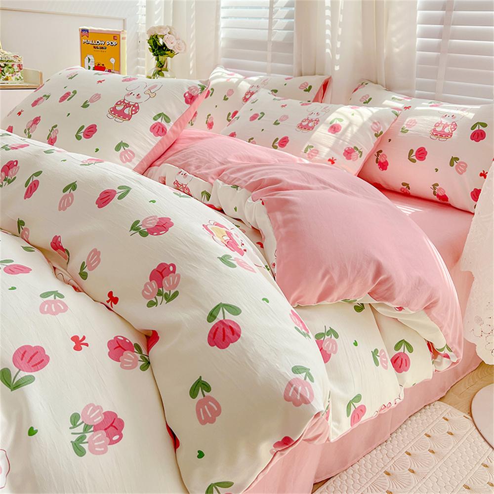 Four-piece Bedding Set Simple Duvet Cover Plant Flower Bed Sheet Adults and Kids Washed Cotton Pillowcase Home Textiles