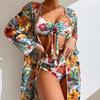 HNYHWKR printed three-piece swimsuit women's long-sleeved blouse high-waisted shorts sexy beach bikini suit