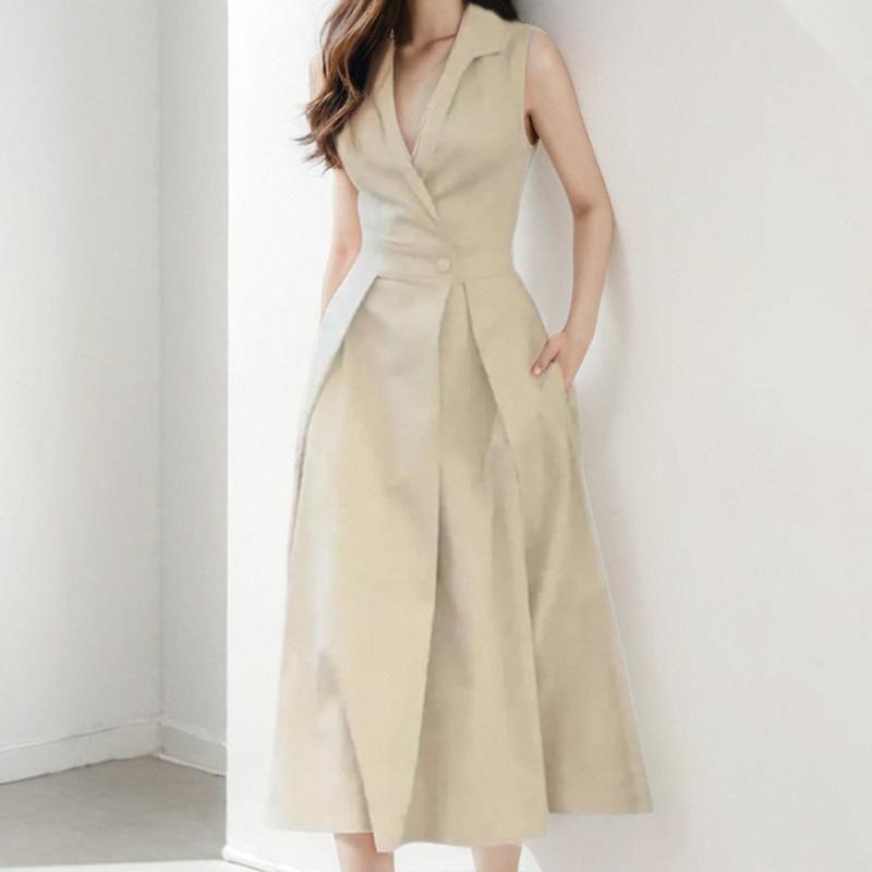 Fashionable Summer Commute Solid Color Button V-Neck Maxi Dress Women's Clothing Europe Trade Pure Color Skirt
