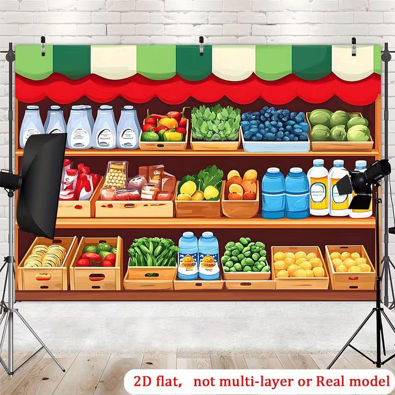 2D Kids Room Tapestry, Grocery Store Shelves with Vegetables & Drinks Decor
