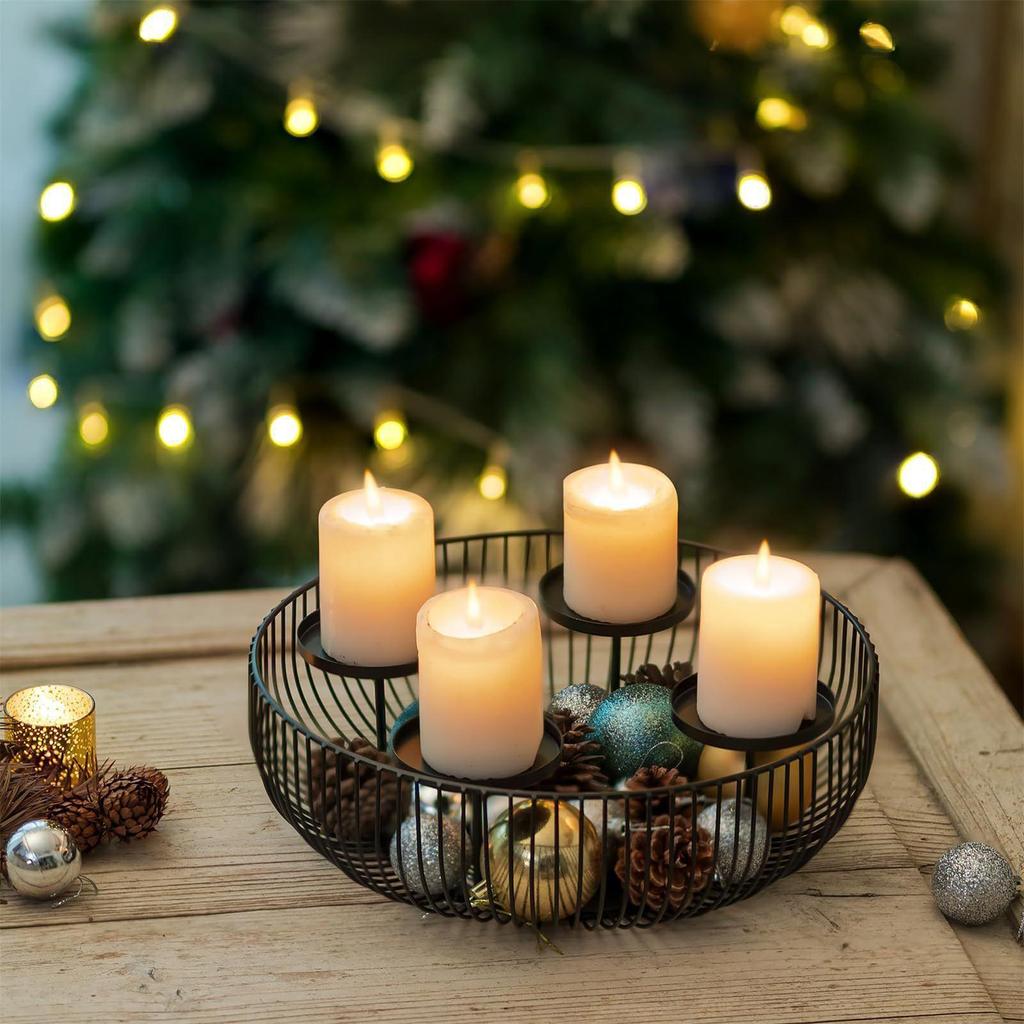 4-grid Christmas Advent Wreath Candle Holder Metal Black Cylindrical Candle Holder Decorative Candlestick Centerpiece For Winter