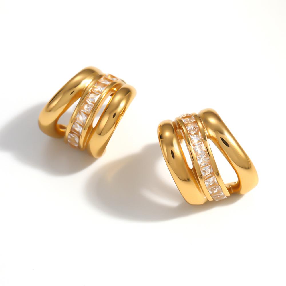 Cross-border Stainless Steel Hoop Earrings Light Luxury Premium Feel Featuring Cubic Zirconia 18k Real Gold Plating