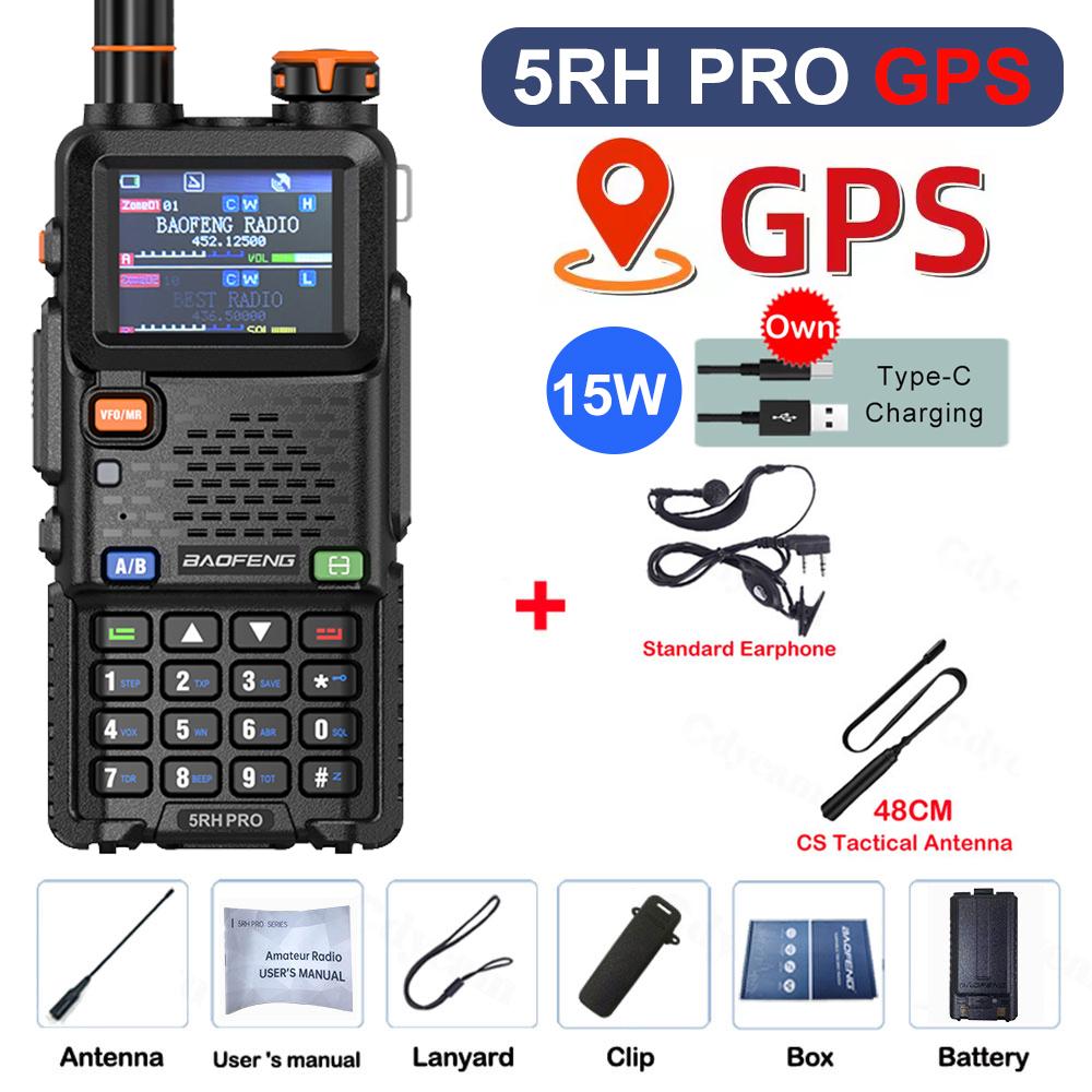 Baofeng 5RH PRO GPS Walkie Talkie 15W Lange Afstand Multi Band Draadloos Frequentie Kopiëren NOAA Lange Afstand Type-c Draagbaar 2-weg Radio USB Plug