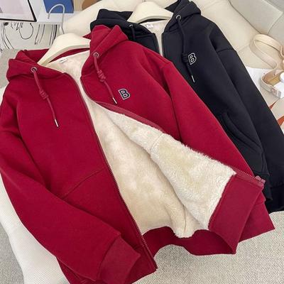 High Quality Lamb Cashmere Hoodie for Women In Winter, New Women's Loose and Plush, Thickened and Warm Zippered Hooded Jacket