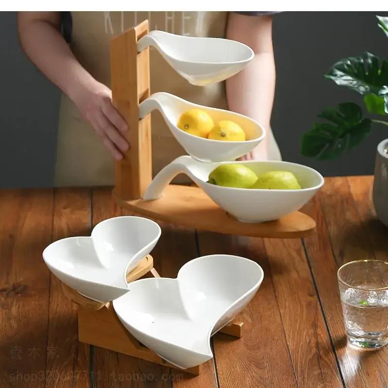 Bol ceramic cu strat dublu pentru fructe, farfurii pentru gustări, depozitare deserturi, tavă de prezentare, suport pentru tort, farfurie din lemn, vas de uz casnic pentru sos de soia