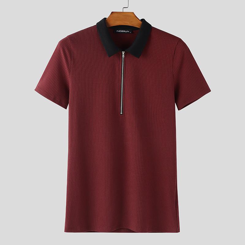 INCERUN Men Lapel Neck Stitching Short Sleeve Zipper Splits Fitted Casual Tops T-shirts