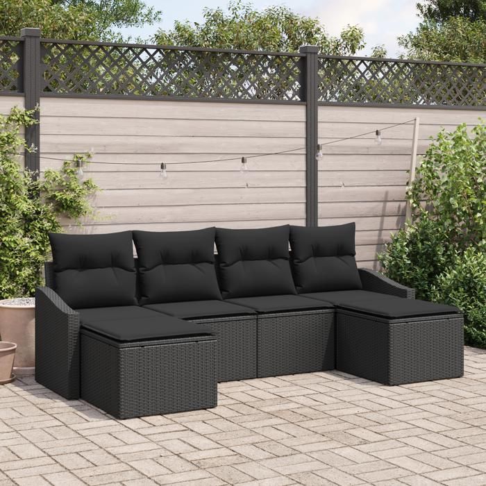 VidaXL Ensemble de canapé de jardin 6 pièces avec coussins en poly rattan noir 3346833