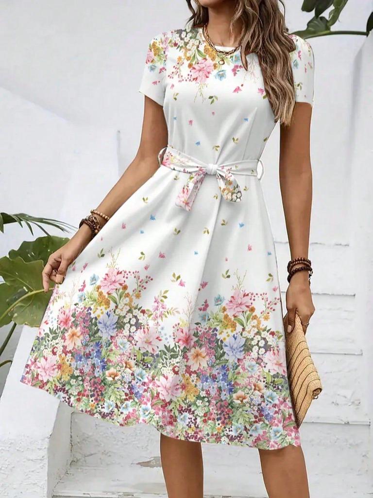 2026 Women's Casual Printed Belted Dress, European & American Summer Bestseller