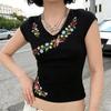Vintage American Casual Feature Asymmetrical Collar Flower Embroidered Top New Slim-fit Front Shoulder Short-sleeved T-shirt