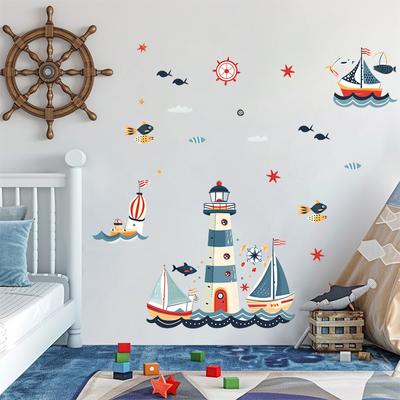 Cartoon Segelboot Leuchtturm Fisch Abnehmbare Wandaufkleber Kinderzimmer Wohnzimmer Schlafzimmer Dekoration