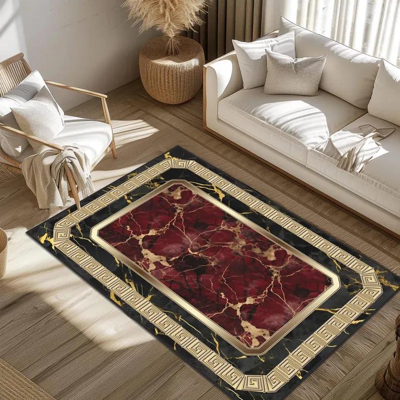 Black Marble Design Area Rug with Gold Accents Modern Carpet for Living Room Elegant Floor Mat Stylish Home Rug Gold Framed Rug