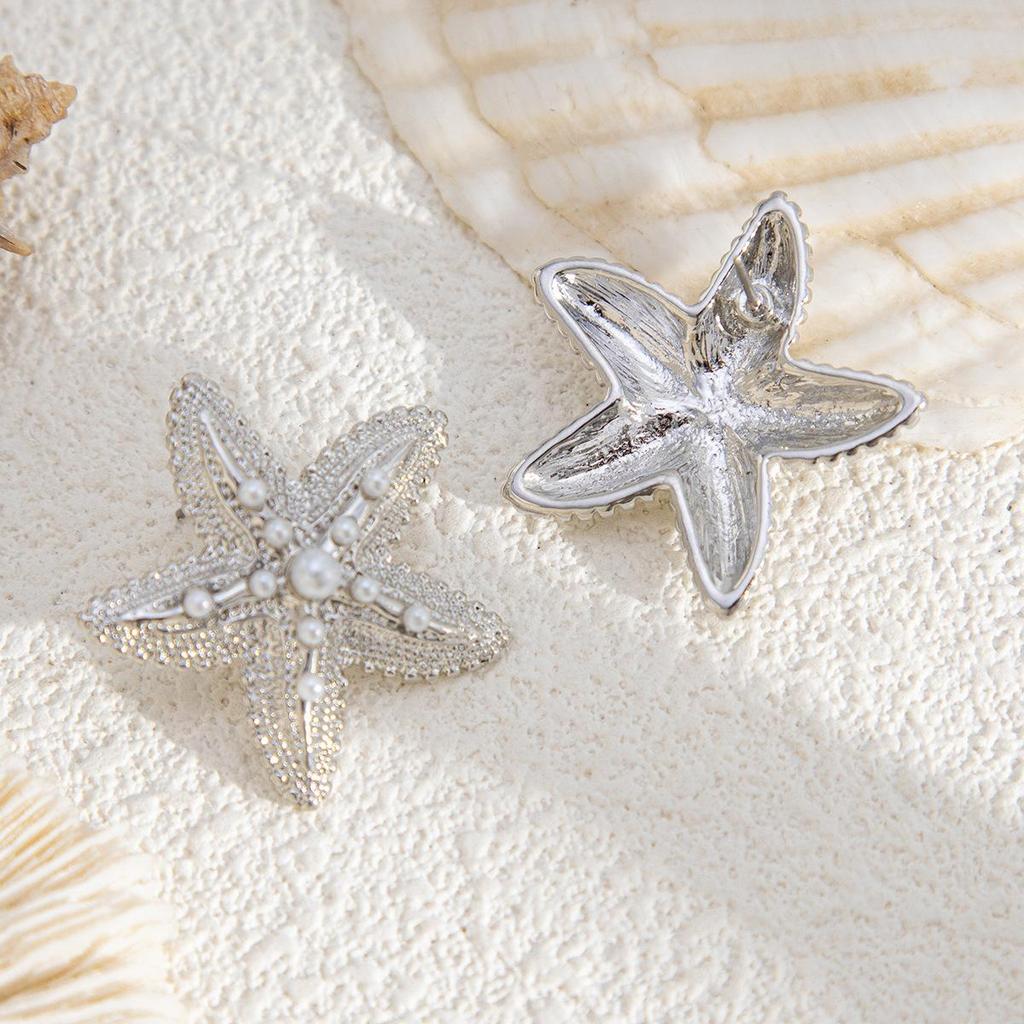 Ohrstecker mit übertriebenem Sternmotiv, für Sommer, Strand, Ozean, personalisierbar, trendig, Urlaub, Kunstperle, Seestern, Metallohrring für Frauen und Mädchen