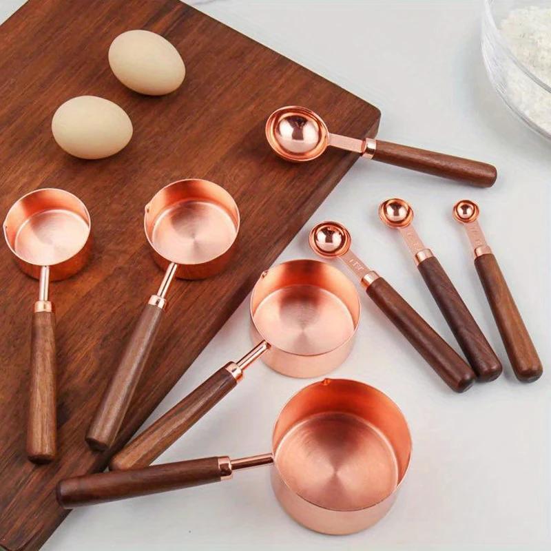 4/8Pcs Measuring Cups Spoons Wooden Handle Stainless Steel Baking Tools Coffee Measuring Spoon Set Bartending Scale Accessories