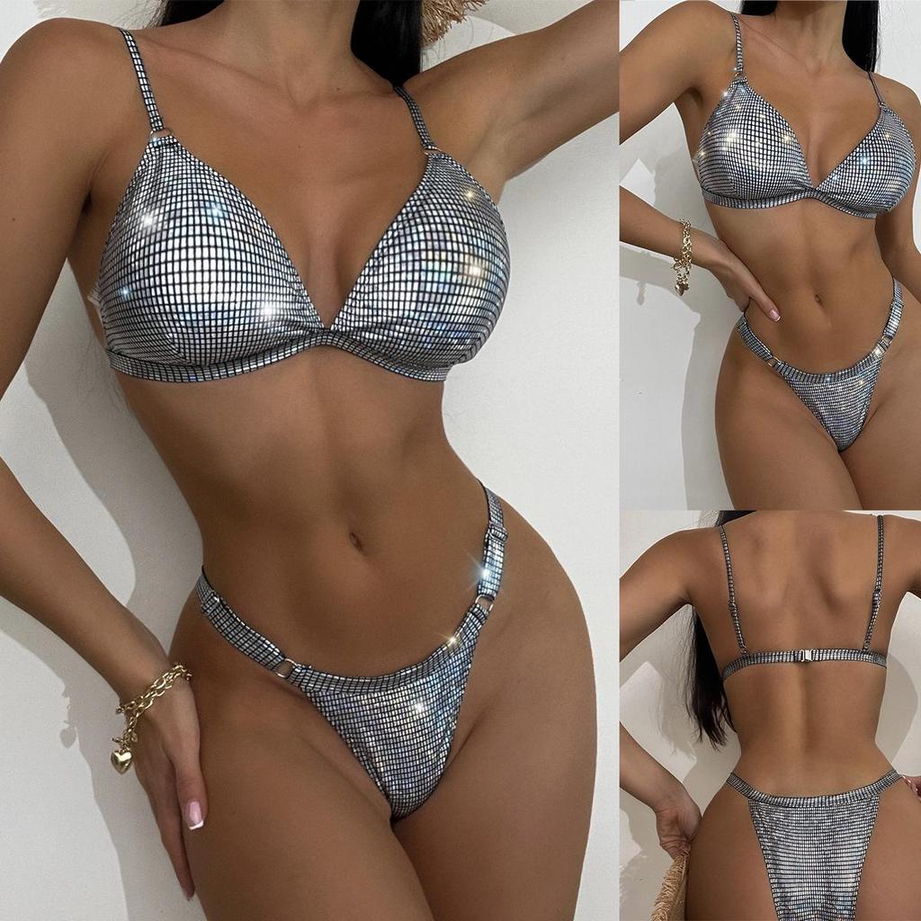 Women Sexy Triangle Split Bikini Suit Set Summer Tie Side G-String Thong Swimsuit Backless Elastic Bikini