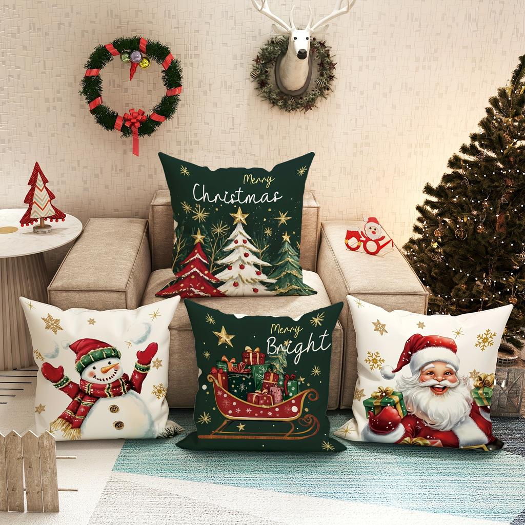 Christmas Decoration Pillowcase Santa Claus Carriage Snowman Christmas Tree Pattern Suitable for Home Room Sofa Cushion Cover