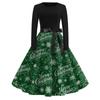 Damen Vintage Weihnachtsdruck Langarm Rundhals Abendpartykleid für Feiertagsveranstaltungen