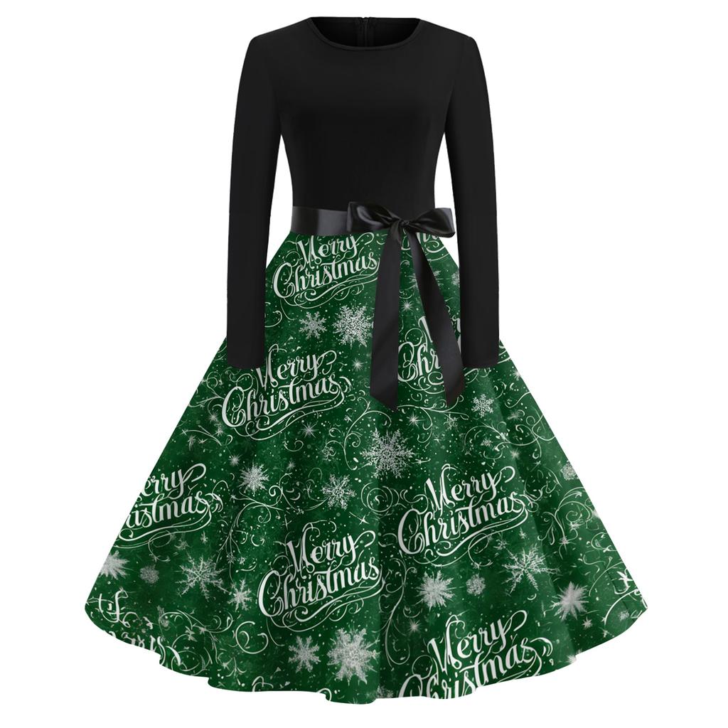 Damen Vintage Weihnachtsdruck Langarm Rundhals Abendpartykleid für Feiertagsveranstaltungen