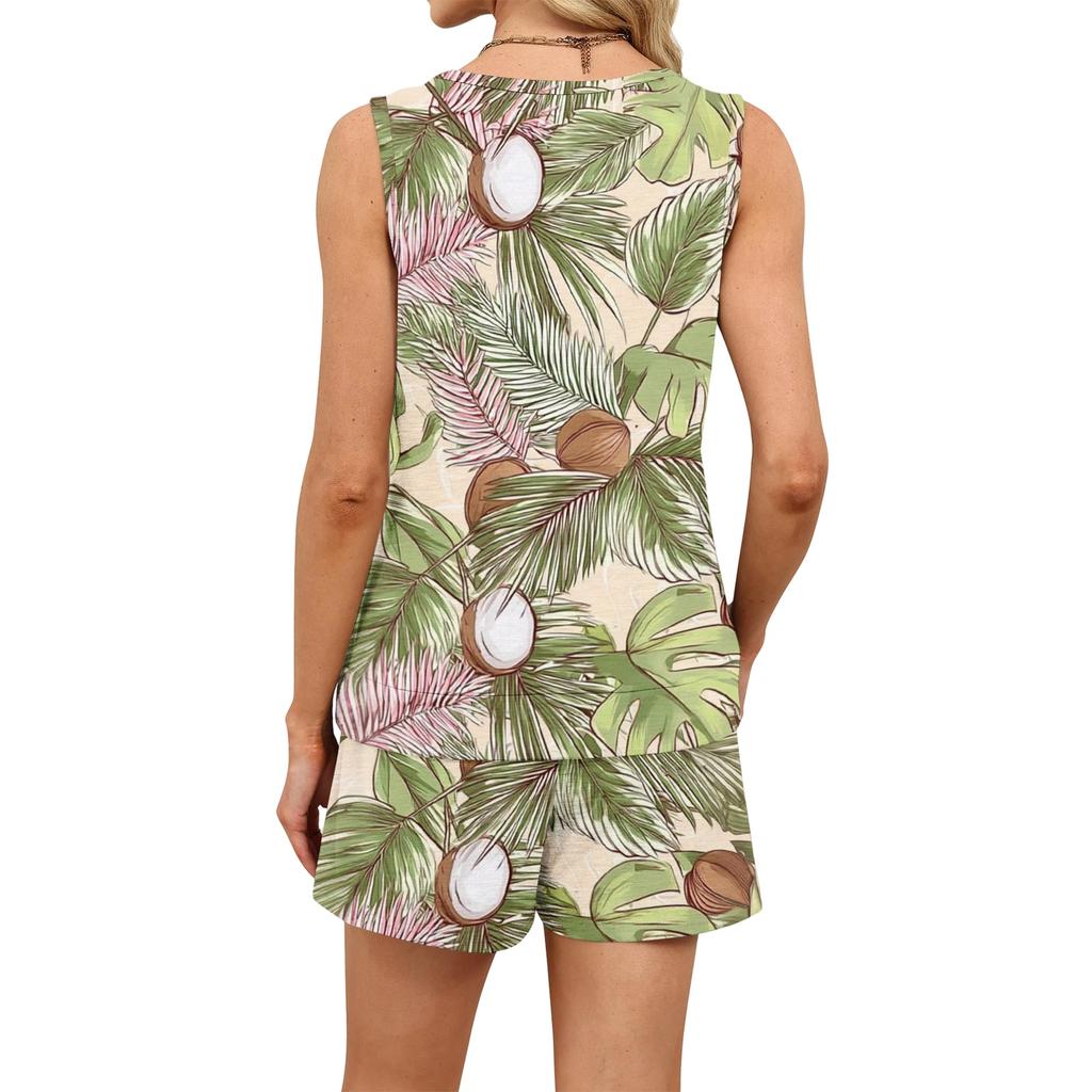 Completo Estivo Casual da Donna con Canotta a Stampa Floreale, Scollo Quadrato, Senza Maniche, Gilet Sportivo con Tasche e Pantaloncini, Abbigliamento Leggero per il Tempo Libero