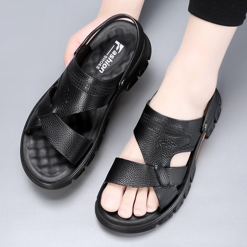 Fashion Men Summer New Top Layer Cowhide+latex Pad Beach Shoes Adult Thick-soled Soft Sole Beach Shoes Non-slip Open-toe Leather Sandals