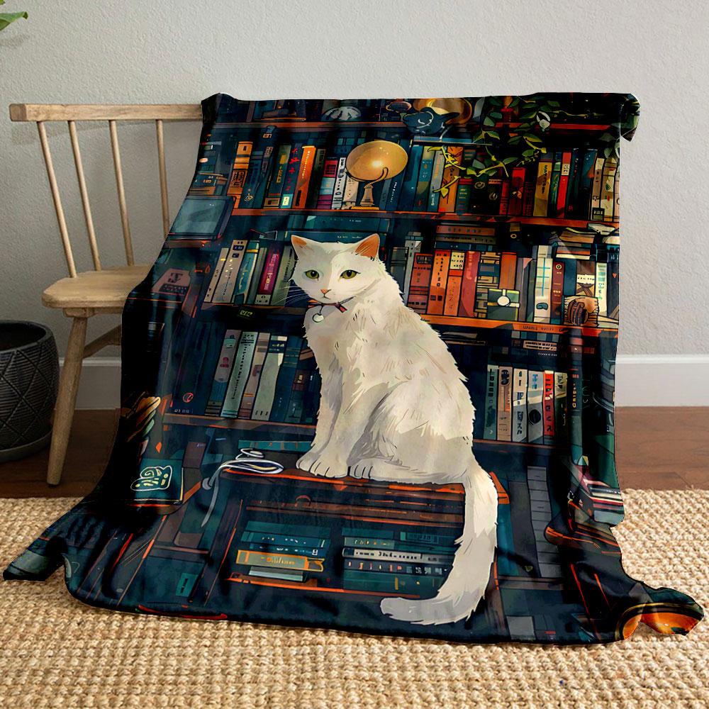 

White Cat Bookshelf Cozy Blanket bedroom Blanket for Livingroom Couch lunch break Soft throw for Friend s festival Gift 80cm x 120cm