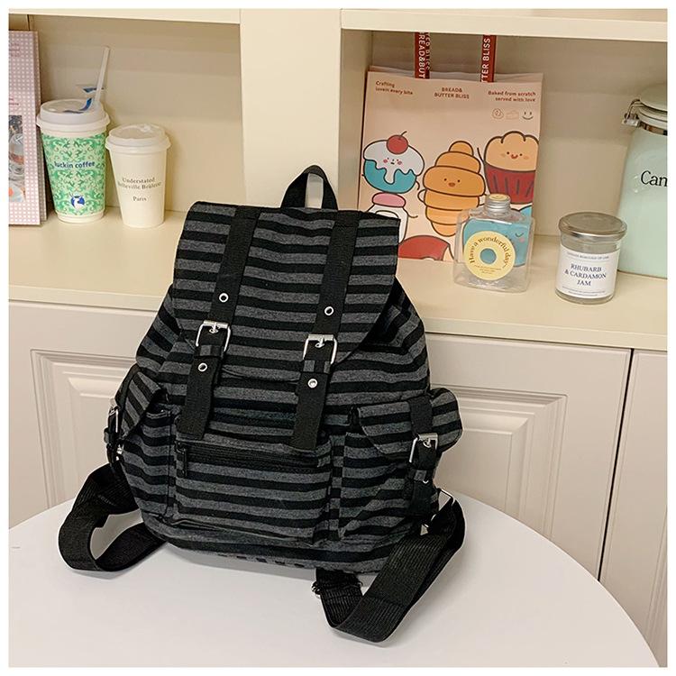 

2025 retro striped backpack new fashion large capacity student class casual schoolbag women чёрный