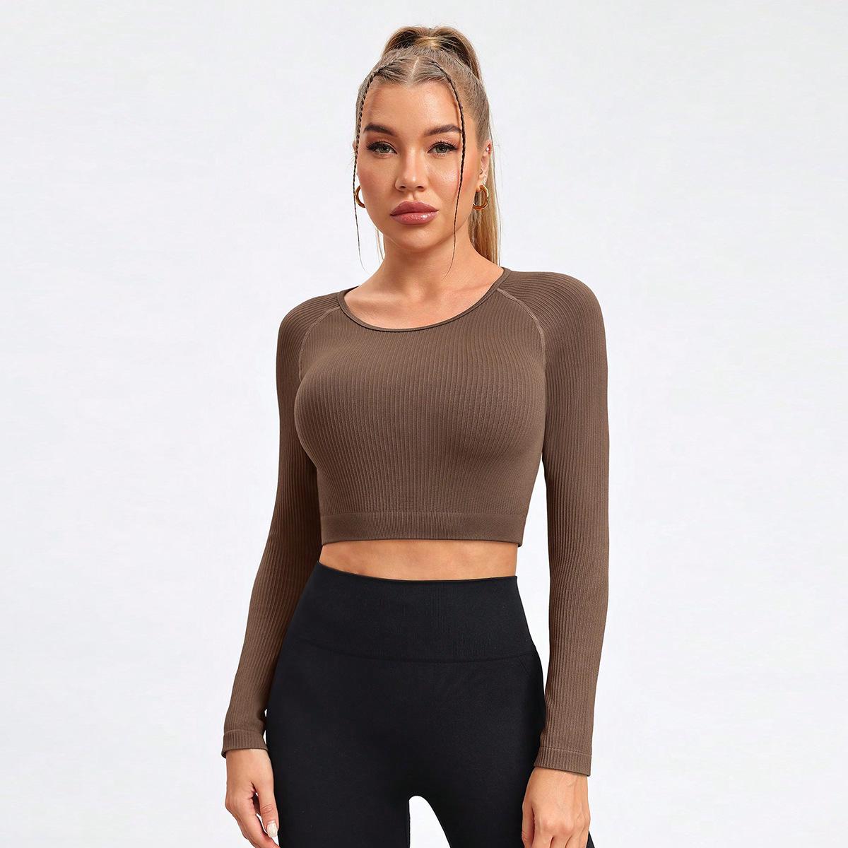 

Женский осенне-зимний бесшовный высокоэластичный фитнес-топ с длинным рукавом – Утягивающий костюм для йоги с красивым дизайном спины Large коричневый