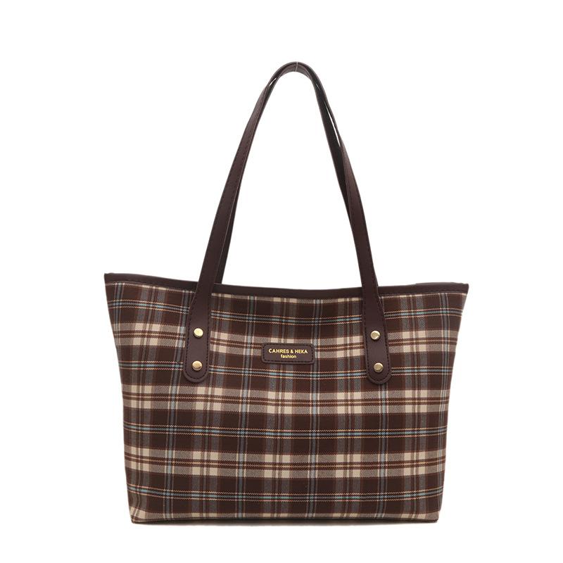 Fashion shoulder bag, versatile commuter large-capacity new 2025 autumn and winter retro premium texture plaid tote bag