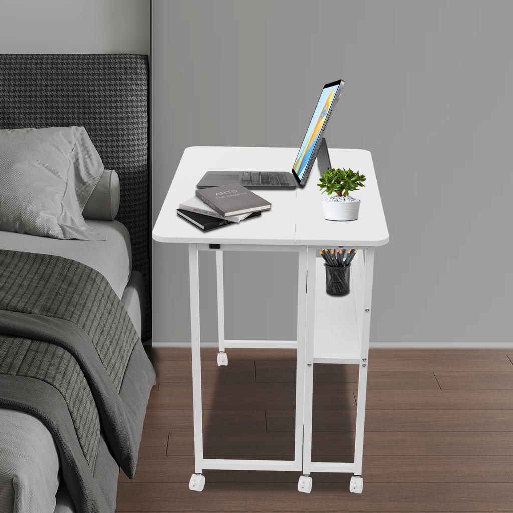 Folding Desk with Bookshelf & Wheels, Portable Table for Home Office, 80x58cm White Computer Desk, Space Saving Student Desk