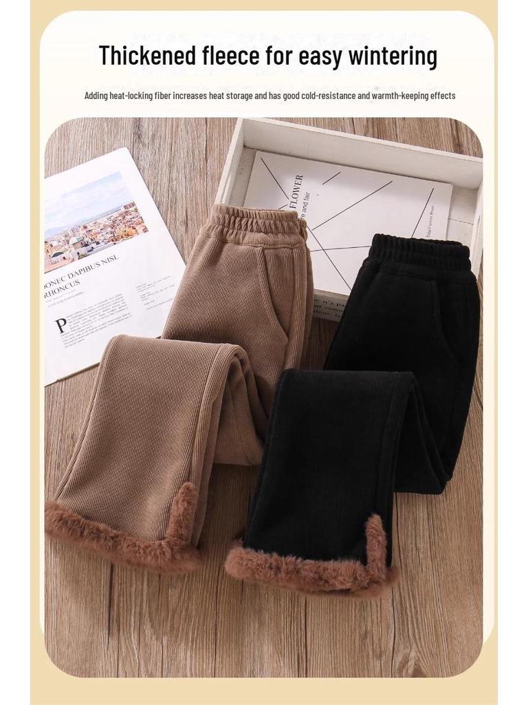 Pantaloni de iarnă pentru fete, cu talie înaltă, din catifea reiată - Groși, călduroși, la modă, cu crac clopot