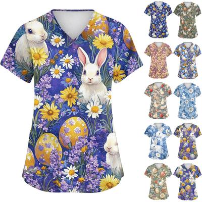 Women's Fashion V-neck Short Sleeve Workwear With Pockets Printed Tops