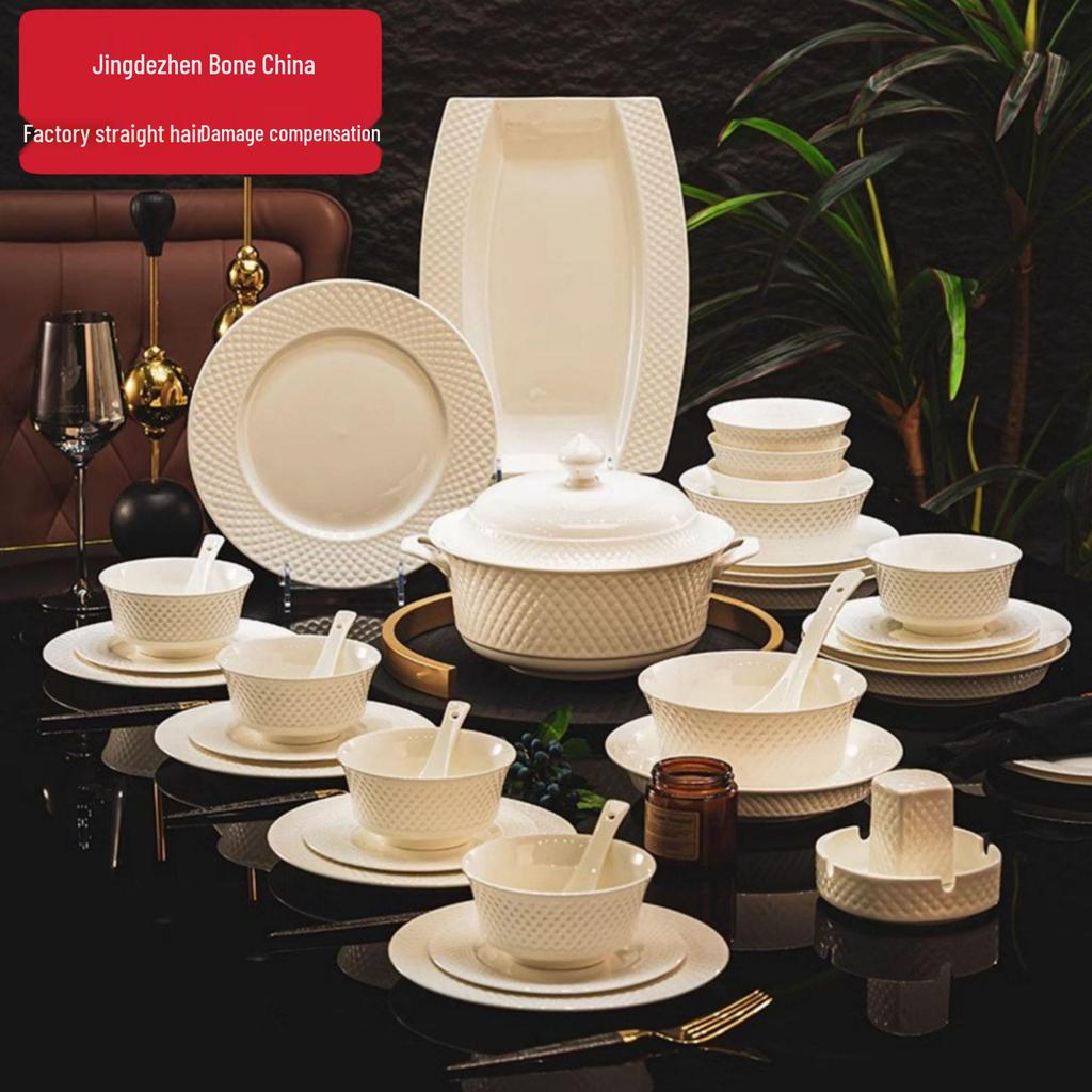 Pure White Bone China Irregular Embossed Floral Anti-scalding Tableware Set