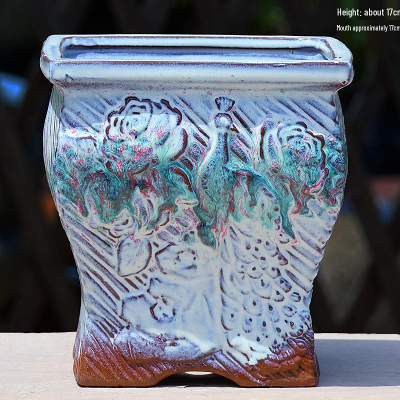 Creative Handmade Coarse Pottery Terracotta Pot - Large Square Glossy Glazed Planter with Low Breathable Rim for Succulents and Pothos