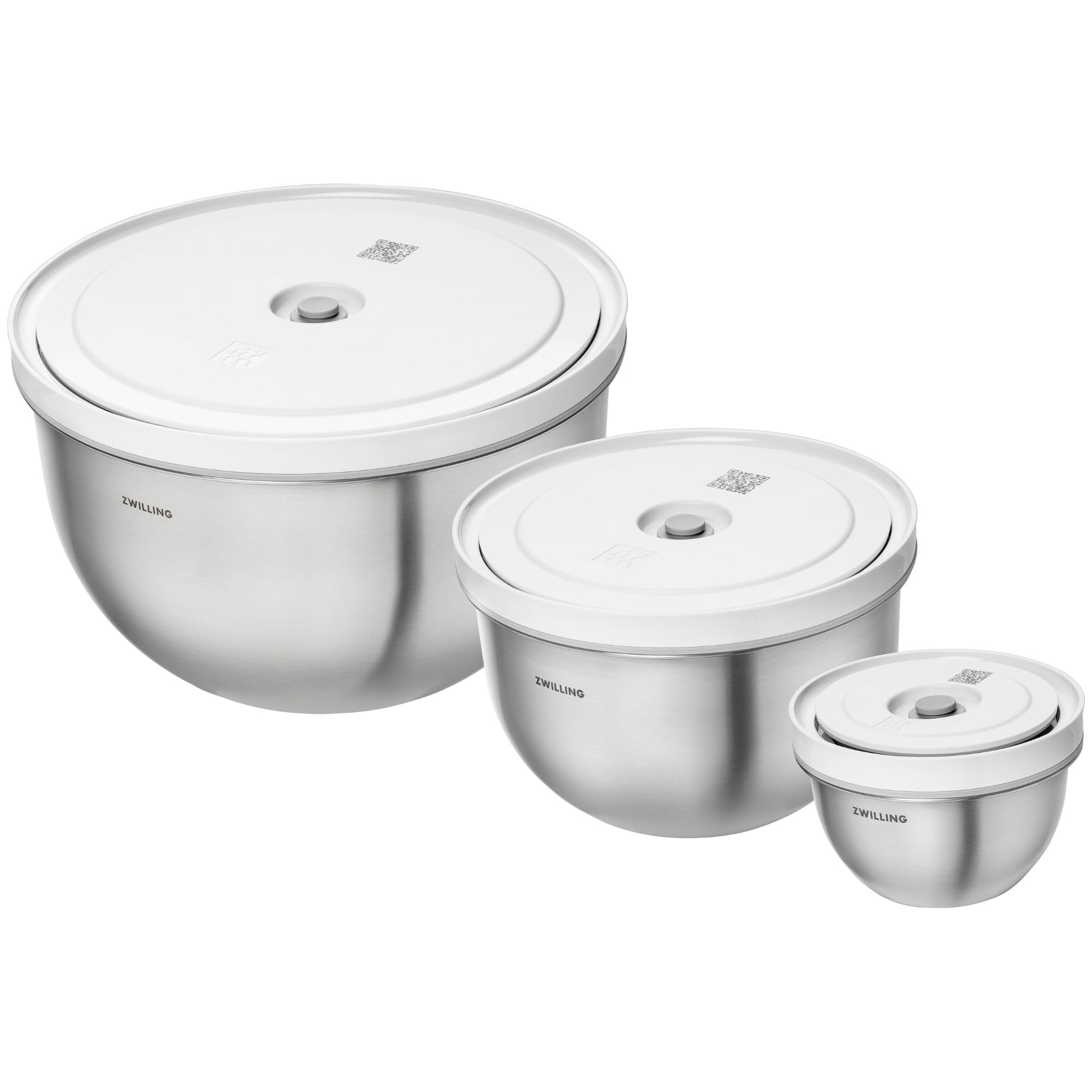 

ZWILLING Fresh & Save Vacuum Storage Bowls, Set of 3 (S/M/L), Stainless Steel. Includes airtight lids, heat-resistant, and nesting storage. [Official