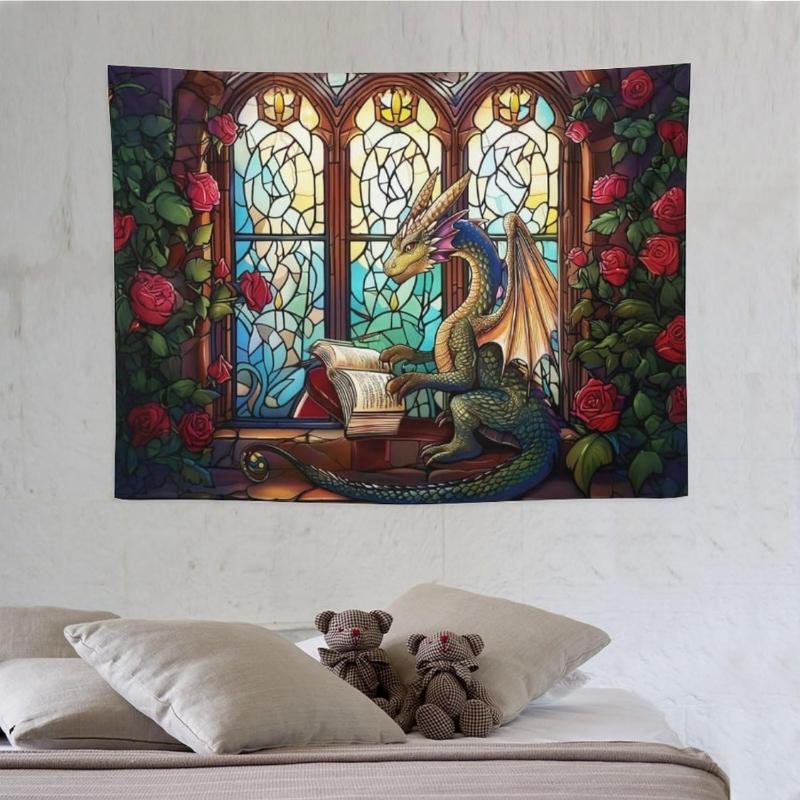 Dragon Reading Tapestry Fantasy Rose Flower Wall Hanging Decor Aesthetic Dragon Wall Art for Bedroom Living Room Dorm 74x94cm(29x37in)