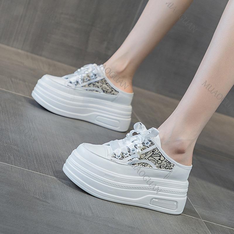 Spring Summer New Fashion Heightening Sneakers Baotou Half Slippers Outside Wear Thick Bottom Leisure Lace Up Tennis Board Shoes