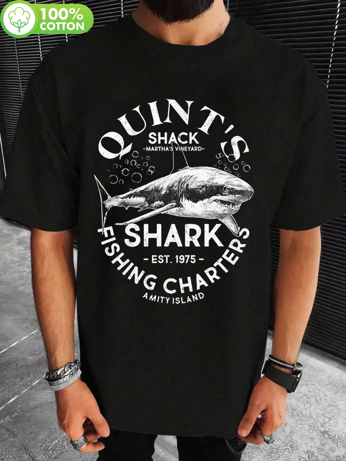 Vintage 1975 Quint s Shack Shark Fishing Charter Graphic T-shirt - Humorous Amity Island Design S