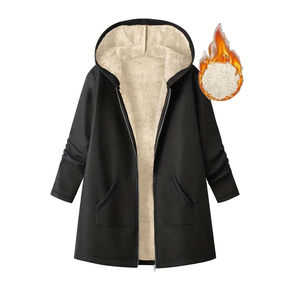 Women's Fashion Casual Solid Color Mid-Length Hooded Jacket Solid Color Plush Jacket