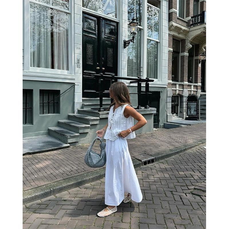 

Cross-Border European and American Fashion Casual Suits for Women Amazon Solid Color Pleated Sleeveless Versatile Shirt and Skirt Set for Women White S