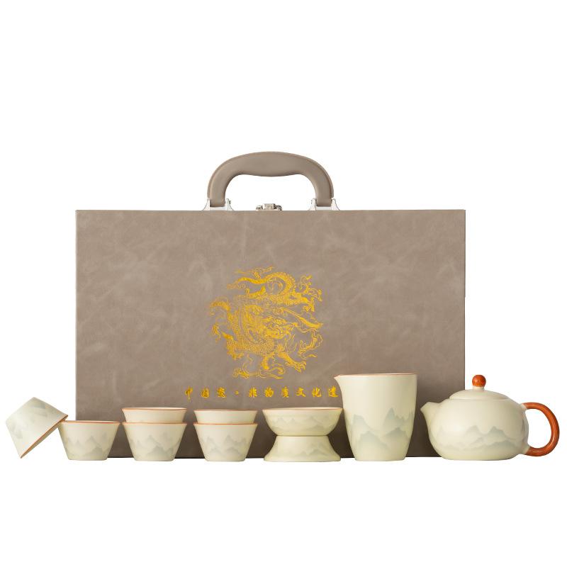 Light luxury national style Ru kiln gift ink landscape tea set kung fu set