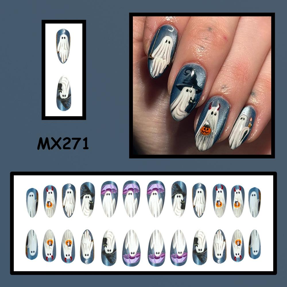 24pcs Halloween Nails Press On Cat Eye Ghost Fake Nails Almond Shape Cute Spooky Nail Art with 1 Jelly Glue and 1 Nail File