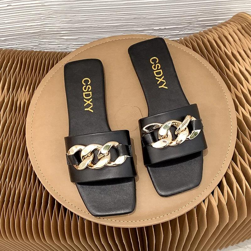 

Большие размеры 35–43, женские леопардовые тапочки на плоской подошве, новые европейские и американские туфли на плоской подошве с металлической цепочкой и квадратным носком, женские сандалии, тапочки 38