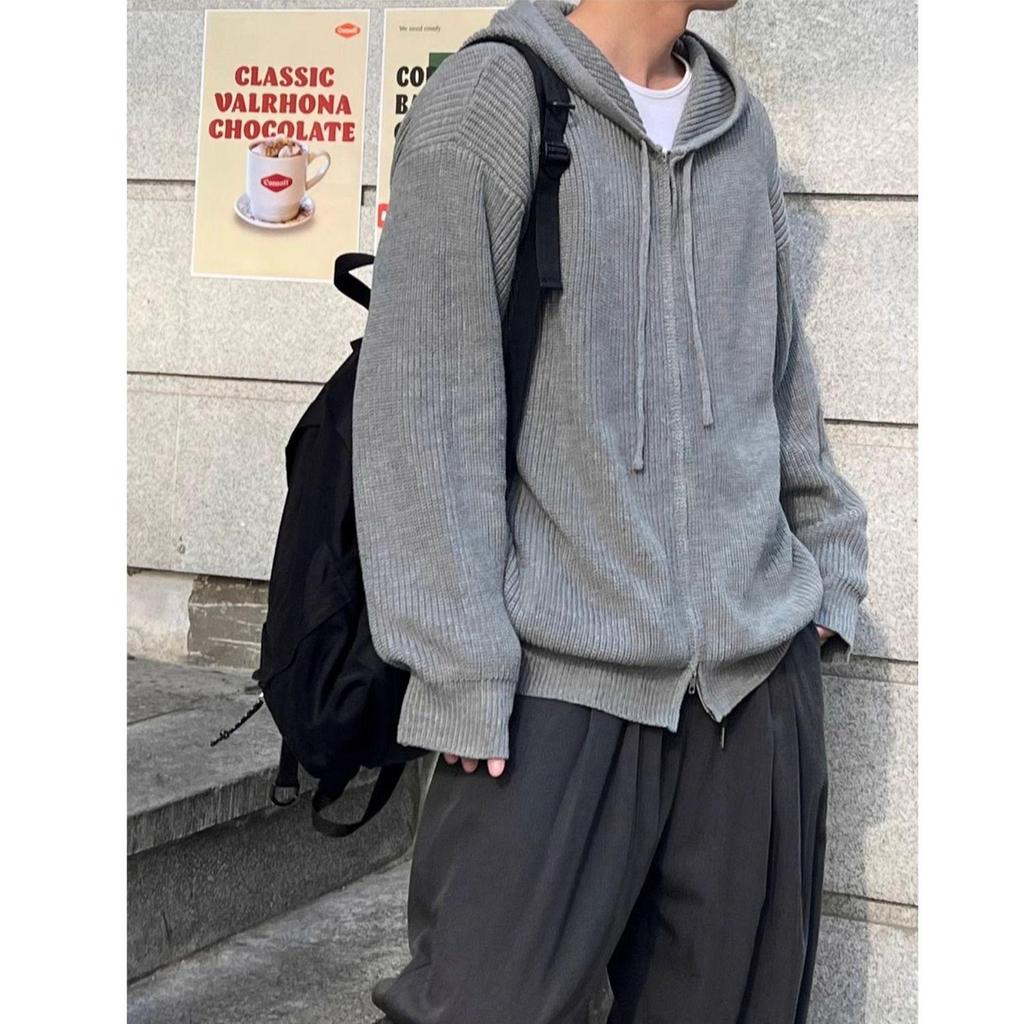 Men's 2024 Korean Style Double Zipper Hooded Knit Cardigan - Autumn/Winter Versatile Trendy Couple Style Sweater