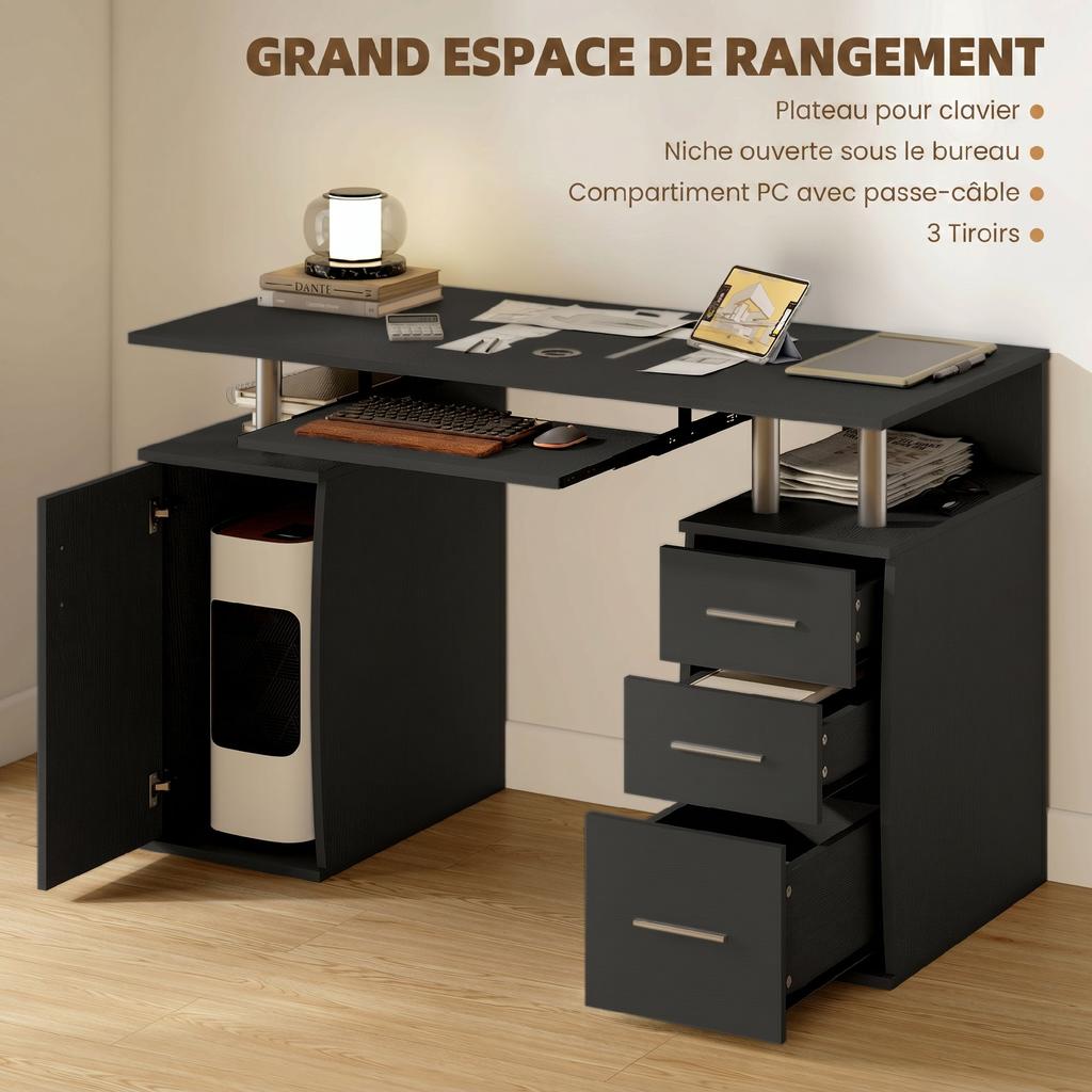Computer Desk, 120 x 55 cm, Keyboard Tray, 3 Drawers, Black