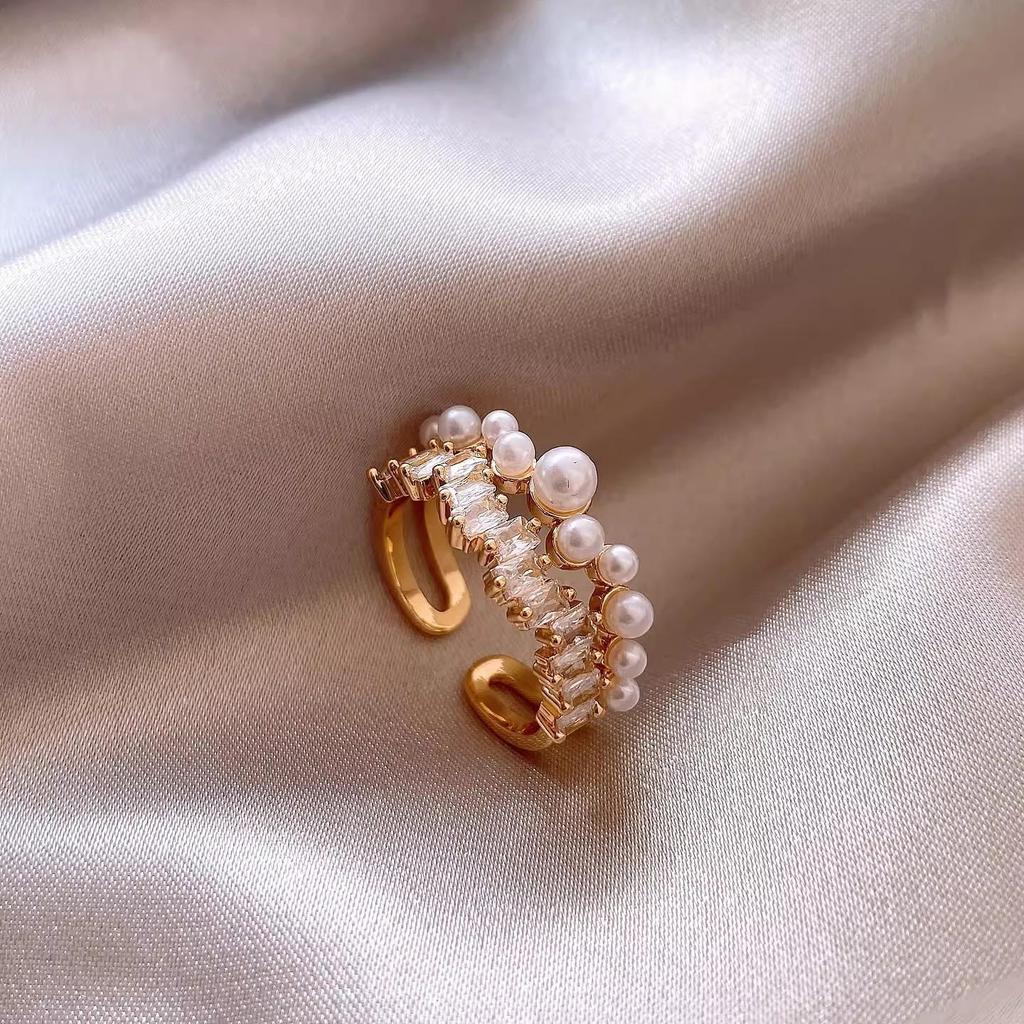 Exquisite French Zircon Pearl Double Layer Geometric Open Ring for Women - Luxurious and Unique Design