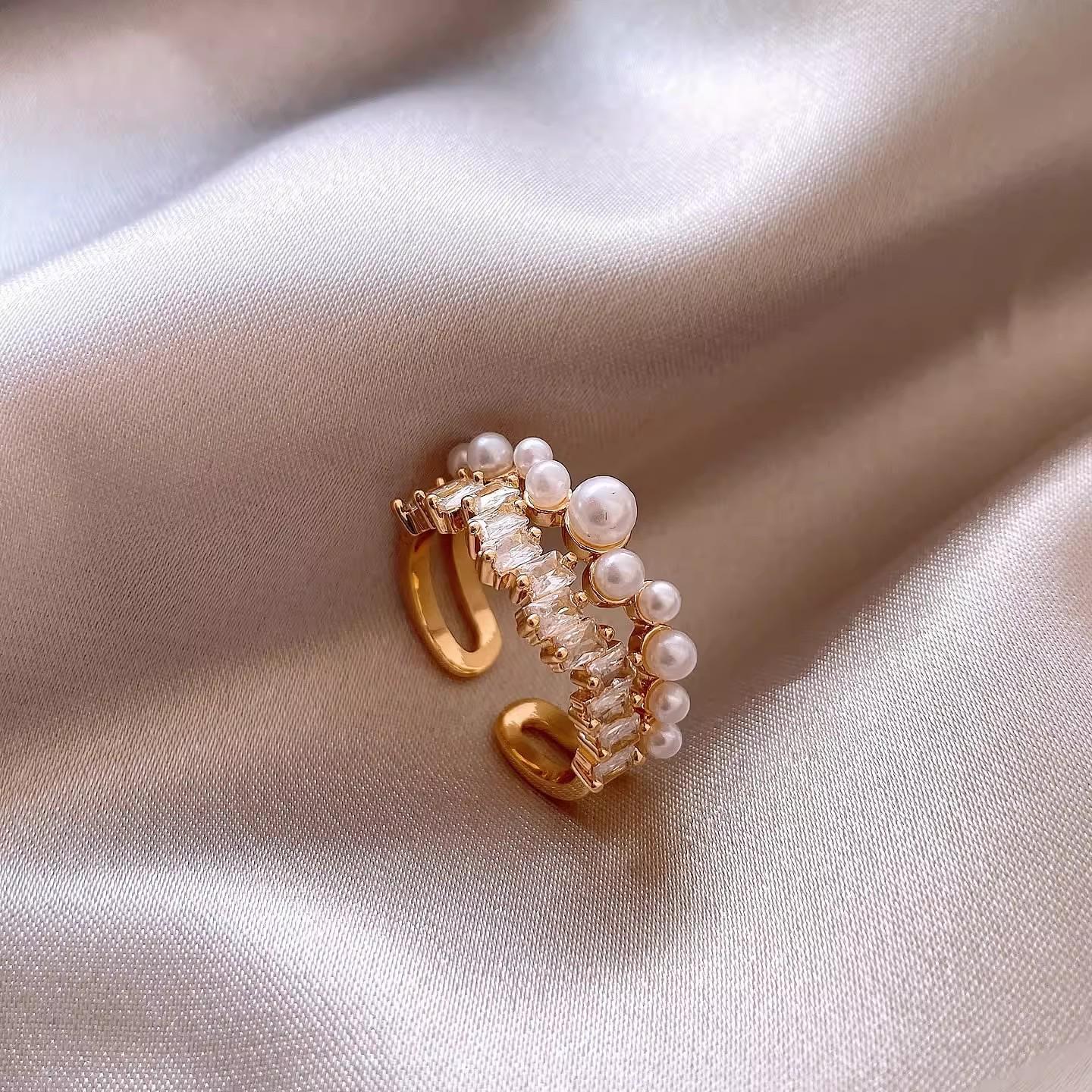 Exquisite French Zircon Pearl Double Layer Geometric Open Ring for Women - Luxurious and Unique Design