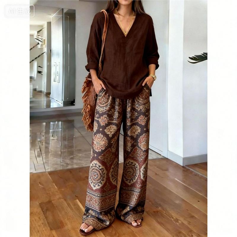 Loose casual y1 new v-neck top wide-leg pants two-piece women's clothing European and American fashion suit