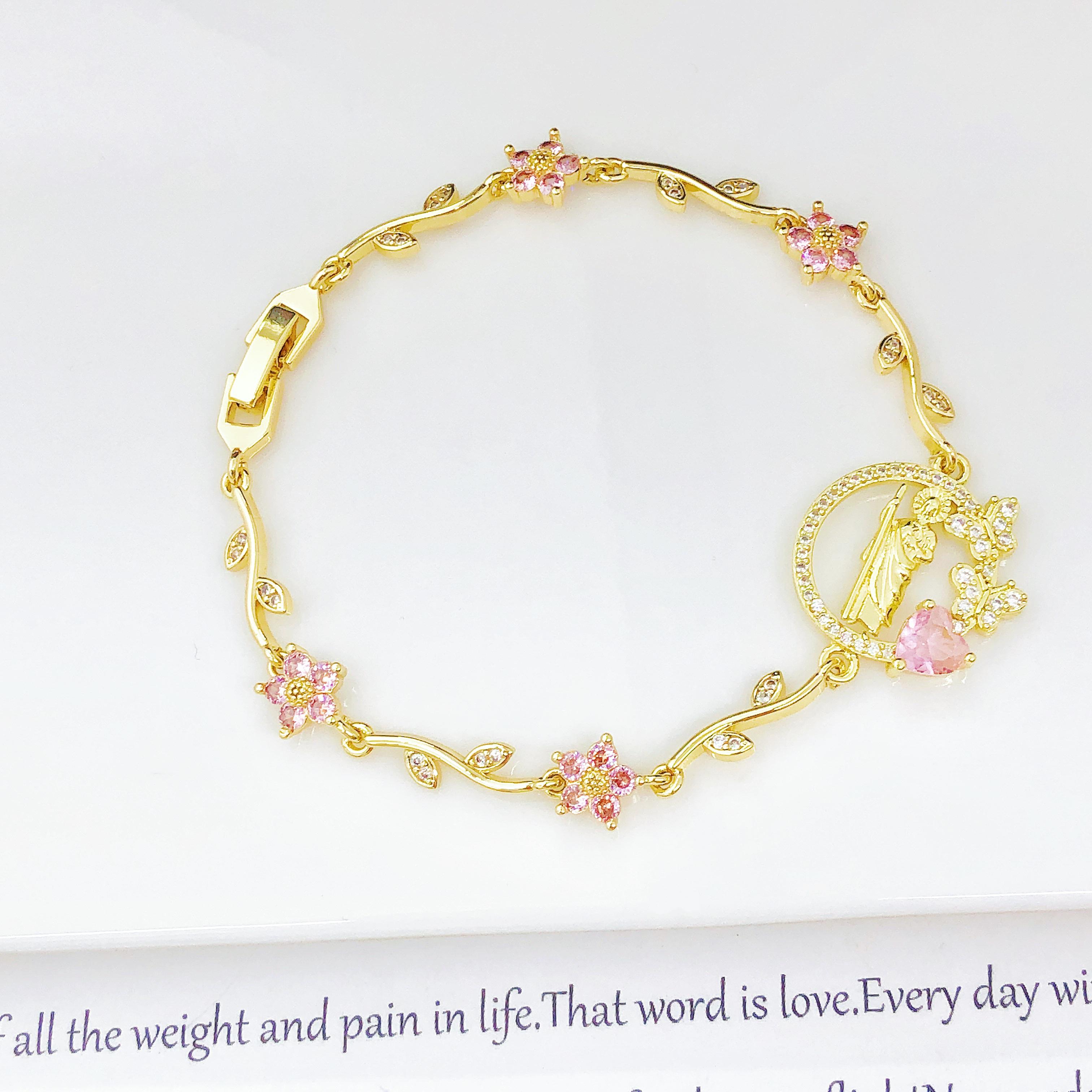 

New Design Gold Plated Religious St. Jude Rhinestone Flower Bracelet Fashion for Women Dainty Christian Zircon Birthday Gift 19cm