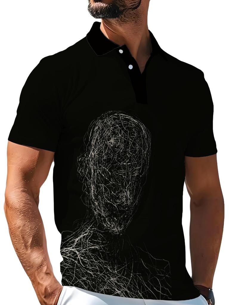 1pc Men'S Short Sleeve Polo Shirt, Multi-Size Available, Collar Button Design, Black Base Line Portrait Art Print, Casual Lapel Short Sleeve Top,