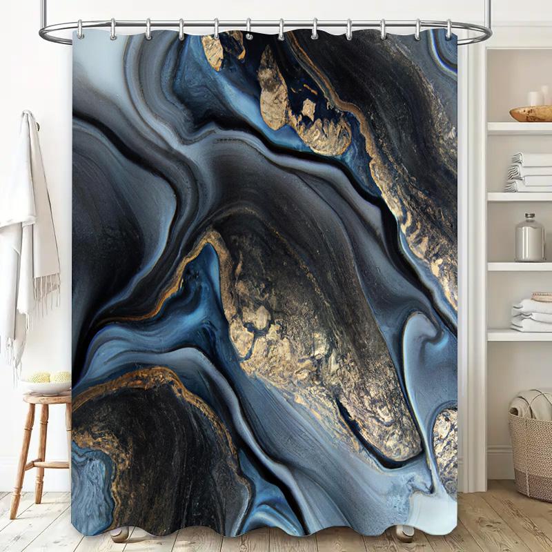 Luxury Blue Gold Black Shower Curtain with Marble Print, Waterproof Bathroom Decoration for Home Decor Modern Style Bath Accesso